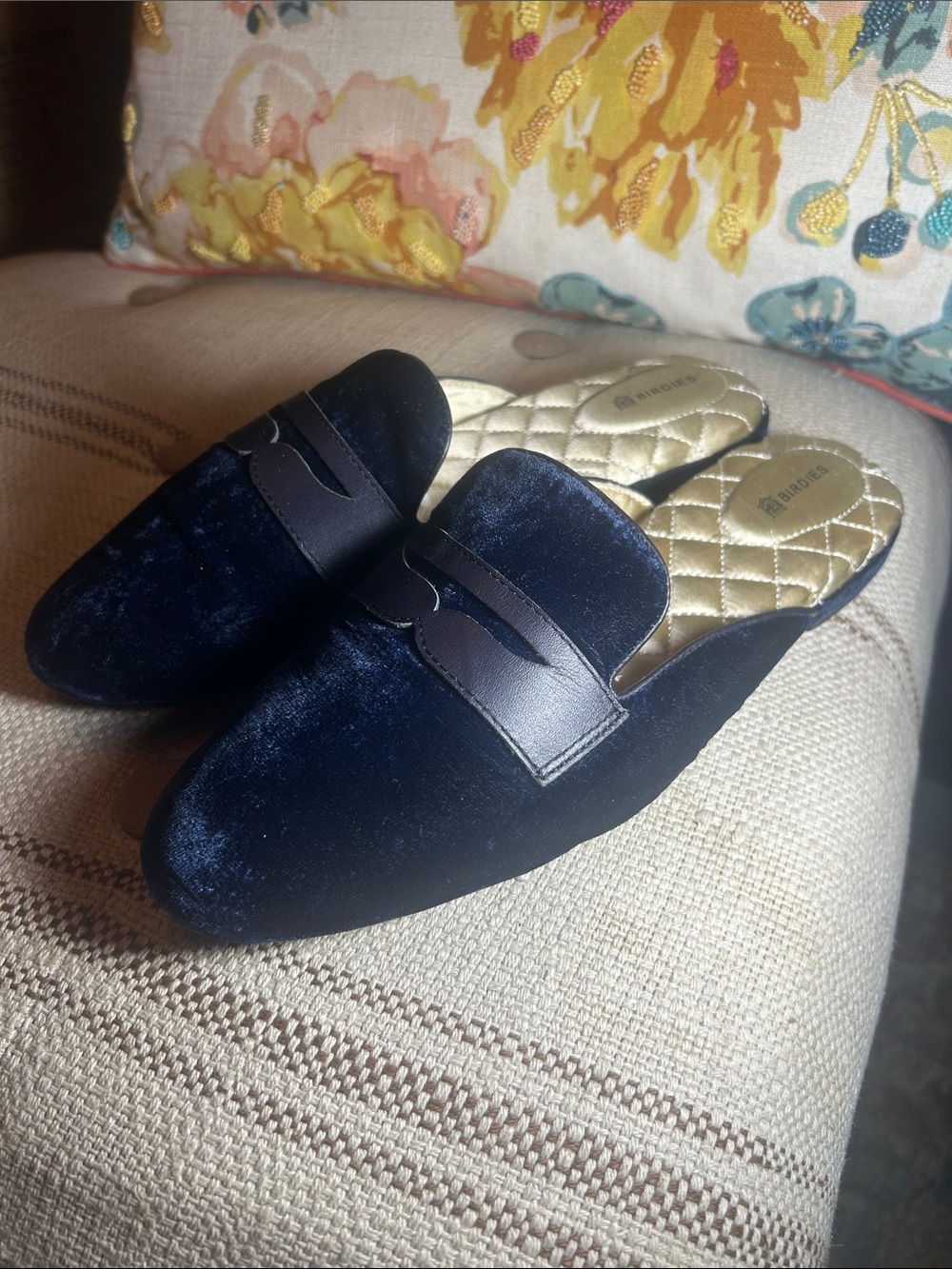 Birdies Blue Velvet Slippers, Sz 9-9.5